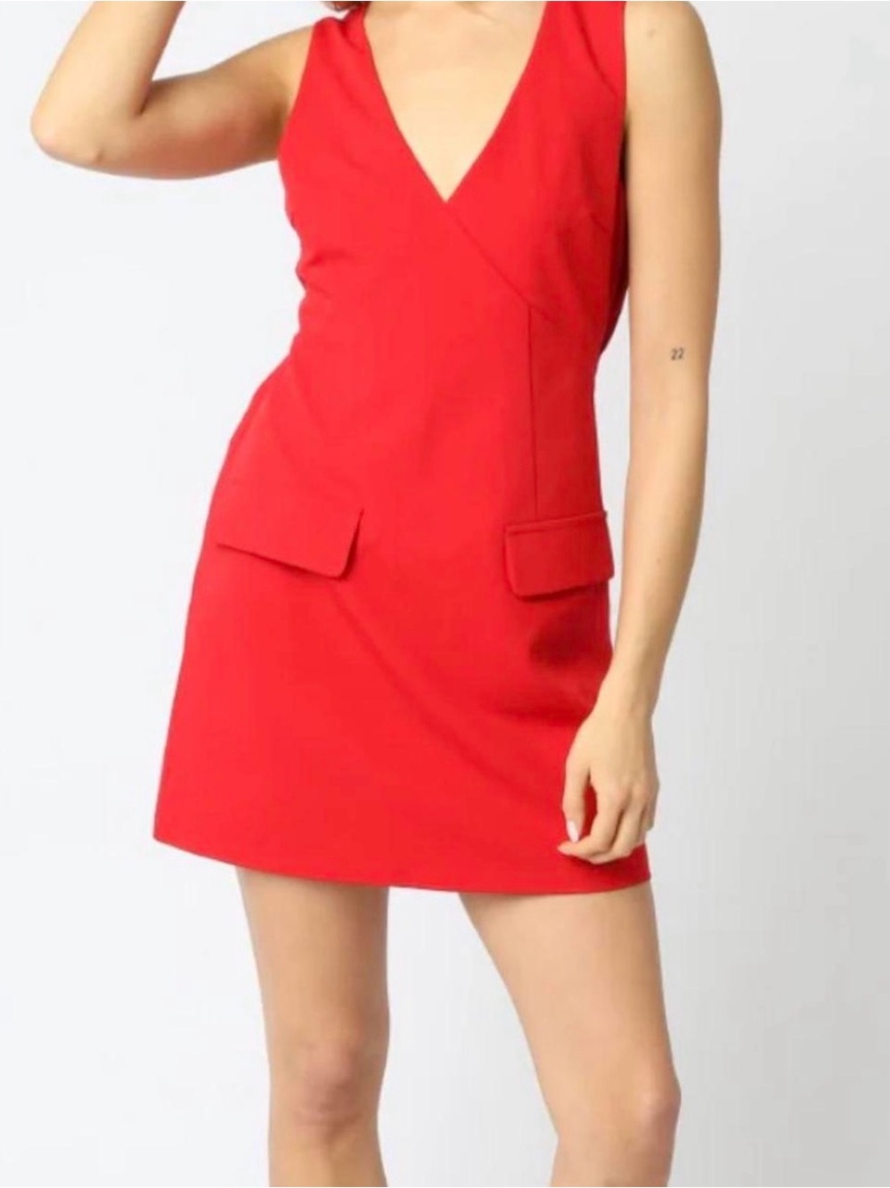 Olivaceous Red V-Neck Pocket Detail Mini Dress